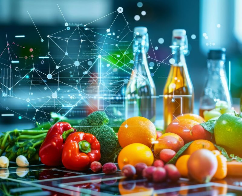 Illustrating a nutrition analysis app scanning factory foods against a food safety tech backdrop, highlighting tech in food safety and nutrition content